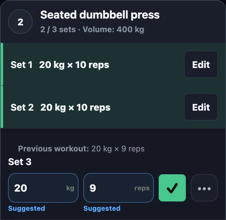 Workout screen: two completed sets and a third prefilled with 20 kg × 9